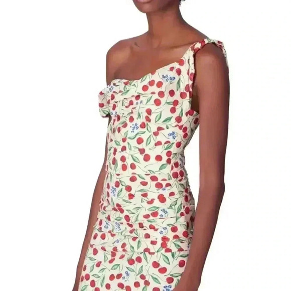 Carolina Herrera Cherry Print Off Shoulder Midi Dress 6 S Drape Designer Runway - Picture 3 of 16